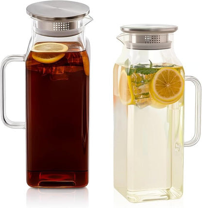 Hannadepot Glass Pitcher, 2 Pack 2L/68oz Glass Water Pitcher with Lid and Spout, Heat/Cold Resistant Borosilicate Glass Water Carafe for Coffee, Juice and Homemade Beverage (TG05)