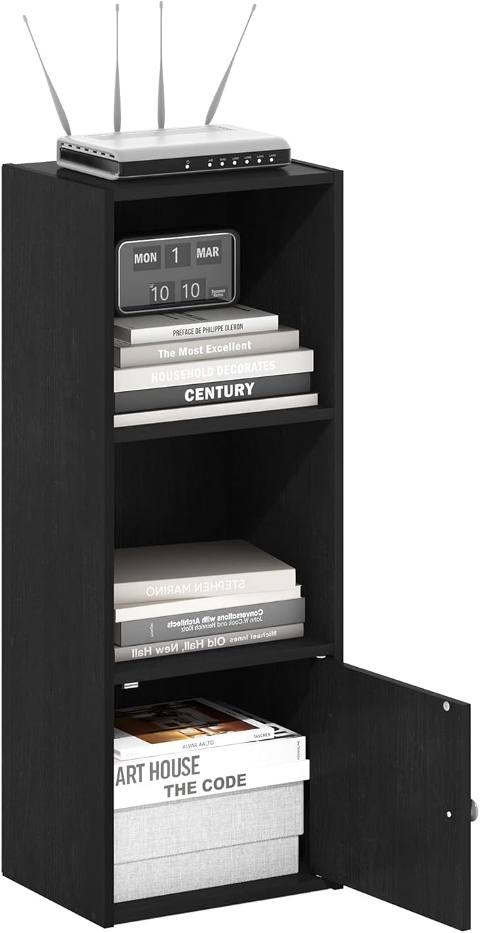 Furinno LUDER Book Shelf, 3-Tier Modern Bookshelf, Bookcase with 1 Door Storage Cabinet, 9.3 x 12 x 31.5, for Organization and Storage, for Living Room, Bedroom, Home Office, Blackwood by Furinno-FitsYourSpaceFitsYourBudget