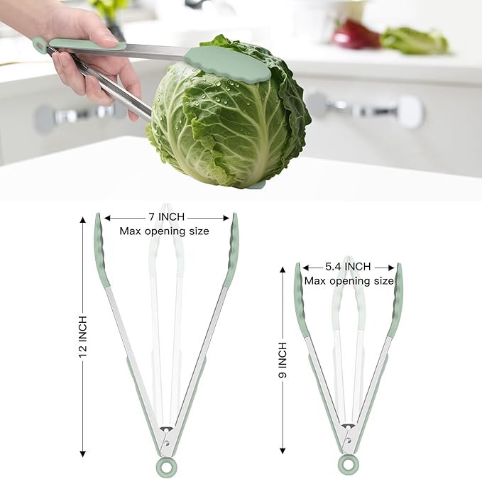 Hotec Premium Stainless Steel Locking Kitchen Tongs with Silicon Tips, Set of 2-9" and 12" Light Green - Image 8