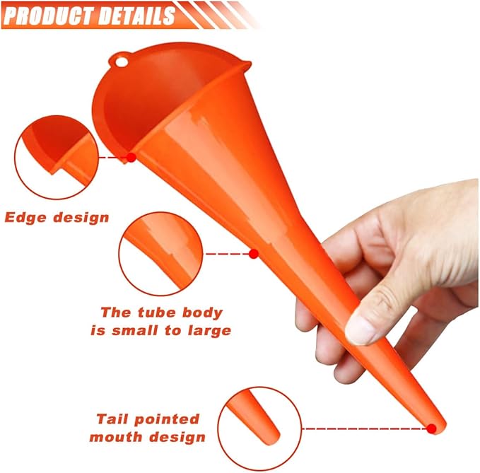 2PCS Long Neck Oil Funnels, Multi-Purpose Spill Saver Funnel, Plastic Funnel for Filling Automotive Oils Lubricants Engine Oils Water Diesel Fuel Kerosene and Other Liquids (4 Orange)