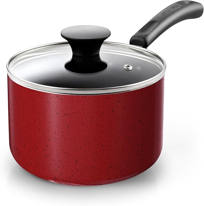 Cook N Home Non Stick Sauce Pan, 2 Quarts Saucepan with Glass Lid, Nonstick Small Multi-purpose Pot, Milk Chocolate Aluminum Cooking Pot Pan with Stay-Cool Handle, Marble Red by CookNHome