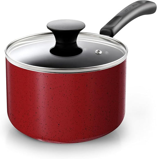 Cook N Home Non Stick Sauce Pan, 3 Quarts Saucepan with Glass Lid, Nonstick Small Multi-purpose Pot, Milk Chocolate Aluminum Cooking Pot Pan with Stay-Cool Handle, Marble Red by CookNHome