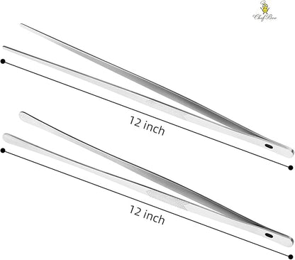ChefBee Kitchen Cooking Tongs Tweezers - 2PCS 12" Stainless Steel Kitchen Utensils, Metal Fine Tweezers Tongs with Precision Serrated Tips for Chef, Serving Food, Grill, Culinary, Pasta, Salad, BBQ - Image 2