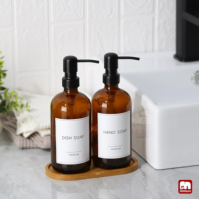 GMISUN Amber Glass Soap Dispenser, 2 Pack Bathroom Hand Soap Dispensers with Bamboo Tray, 17 Fl Oz Kitchen Hand and Dish Soap Dispenser Set, Modern Vintage Liquid Brown Soap Dispensers Bottle - Image 4