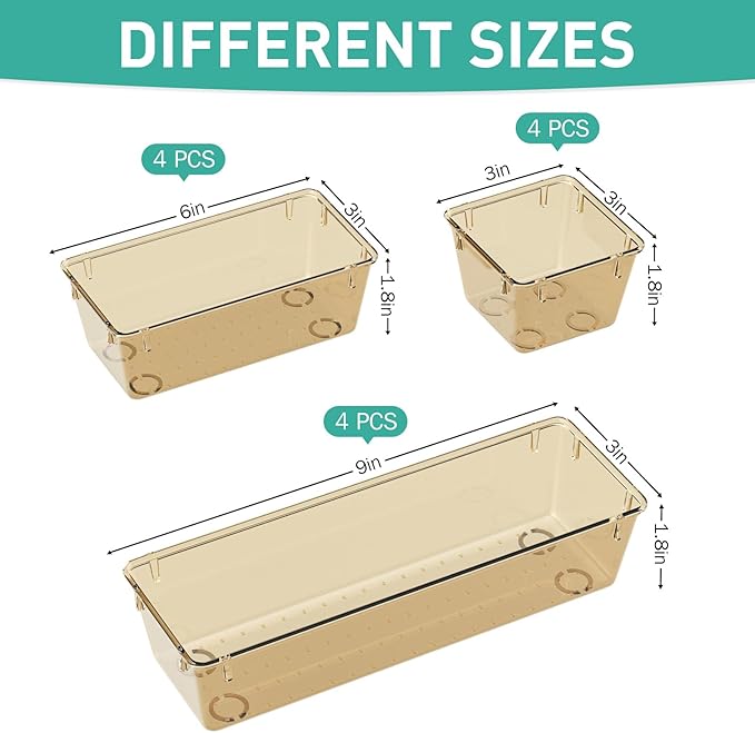 WOWBOX 6 Pack Clear Drawer Organizer Set, Acrylic Drawer Storage Trays, Storage Bins for Makeup, Cosmetics, Jewelries, Utensils, Gadgets, Office, Champagne - Image 2