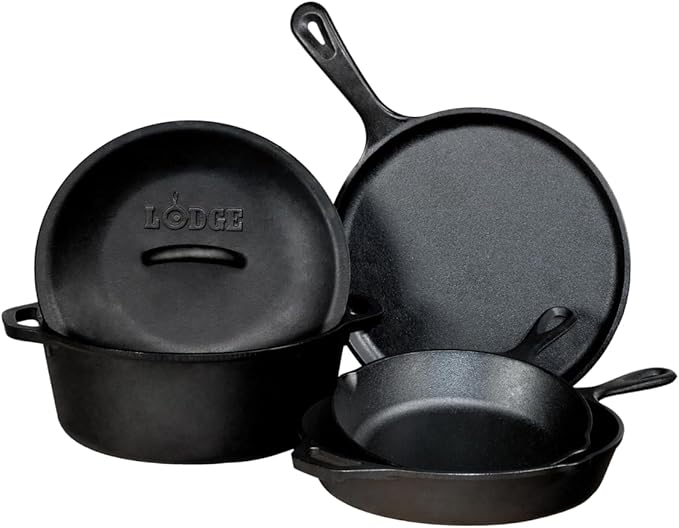 Lodge Cast Iron Set - 5-Piece Set - Pre-Seasoned Kitchen Set - Skillets, Griddle & Dutch Oven Included - PFAS-Free Non-Toxic Cookware by Lodge