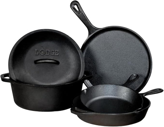 Lodge Cast Iron Set - 5-Piece Set - Pre-Seasoned Kitchen Set - Skillets, Griddle & Dutch Oven Included - PFAS-Free Non-Toxic Cookware by Lodge