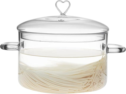 3 L Glass Cooking Pot with Lid, Glass Simmer Pot, Save Energy, Heat Resistant, for Water-based Recipes. Heart Shape Lid, Clear, 3.2QT(3000ml)