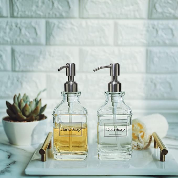 JASAI Antique Design Soap Dispenser with Rust Proof 304 Stainless Steel Pump, Refillable Glass Soap Dispenser with 10Pcs Clear Stickers, Premium Kitchen & Bathroom Soap Dispenser - Image 7