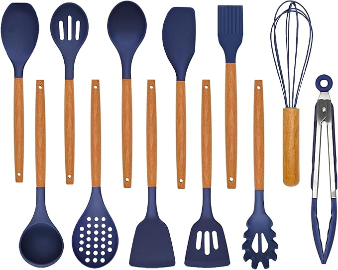 Kitchen Utensils Set - 12 Pcs Silicone Cooking Utensils Set with Wooden Handle - Heat Resistant Non-Stick BPA Free Spatula Set,Turner, Spoon, Brush, Silicone Kitchen Gadgets Utensil Set by SOFSNFood-gradeSiliconeKit