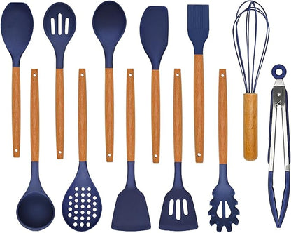 Kitchen Utensils Set - 12 Pcs Silicone Cooking Utensils Set with Wooden Handle - Heat Resistant Non-Stick BPA Free Spatula Set,Turner, Spoon, Brush, Silicone Kitchen Gadgets Utensil Set by SOFSNFood-gradeSiliconeKit