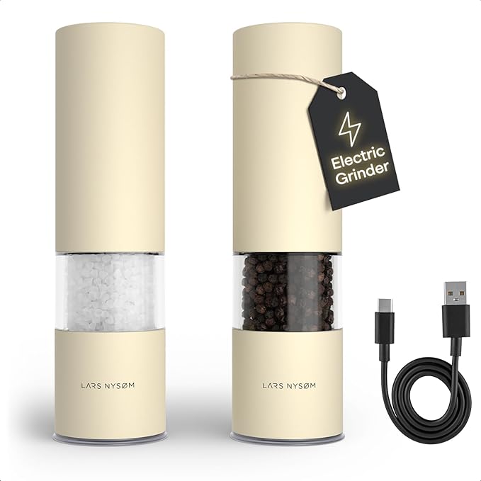 LARS NYSØM Electric Salt and Pepper Grinder Set I Automatic Salt and Pepper Mills with Adjustable Ceramic Grinder I USB Rechargeable Electric Spice Mill Set with LED Light (Almond Beige) by LN