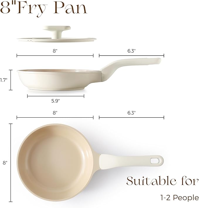 PRICUSIS Nonstick Ceramic Frying Pan with Lid, 8/10 Inch Skillet with Stay Cool Handle, Fully Coated, 100% Dishwasher Safe, PTFE PFAS & PFOA Free (8 Inch, Coconut White - Image 8