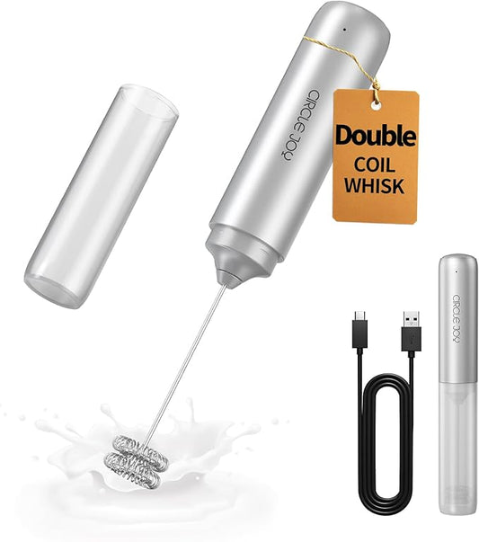 CIRCLE JOY Rechargeable Milk Frother Hanheld, Dual Coil Whisk Head Electric Coffee Frother, Portable Hand Frother Wand Drink Mixer for Matcha Lattes Cappuccino, Kitchen Gifts, Silver by CIRCLEJOY