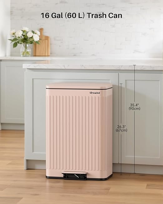 Lovewind 60 Liter/ 16 Gallon Stainless Steel Trash Can with Soft-Close Lid, Large Footstep Garbage Can with Roman Texture, Removable Inner Buckets, Recycling Bin for Kitchen Office, Pink