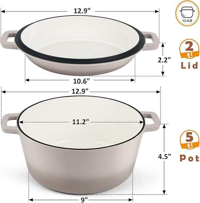 TeamFar 5 Quart Dutch Oven, 2 In 1 Enameled Cast Iron Dutch Oven Pot Cookware with Skillet Lid, for Bread Baking Braising Stewing Roasting, Sturdy & Nonstick, Oven Safe & Fit for Induction (Khaki) - Image 2