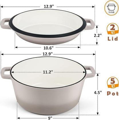 TeamFar 5 Quart Dutch Oven, 2 In 1 Enameled Cast Iron Dutch Oven Pot Cookware with Skillet Lid, for Bread Baking Braising Stewing Roasting, Sturdy & Nonstick, Oven Safe & Fit for Induction (Khaki) - Image 2