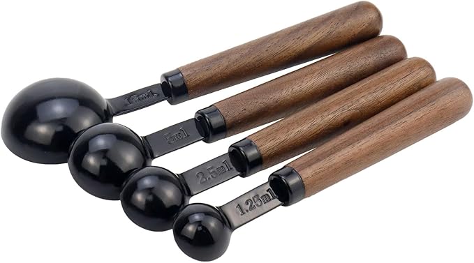 Set of 4 Measuring Spoons Black Measuring Scoops with Wooden Handle Stainless Steel Measuring Spoons Set for Kitchen Flour Spice Seasoning Measurement (15ml+5ml+2.5ml+1.25ml) - Image 2