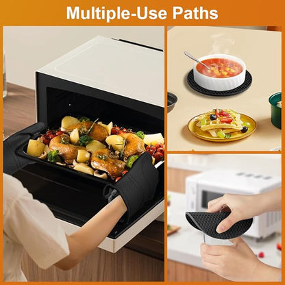 AUAUY Oven Mitts with 2 Potholders, Silicone Oven Gloves Heat Resistant 464°F, Non-Slip Silicone BBQ Gloves, Waterproof Cooking Gloves, Oven Gloves for Barbecue Kitchen Baking Microwave, Black - Image 6