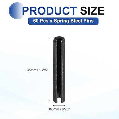 MECCANIXITY 60Pcs Slotted Split Roll Pins 6/25 Inch(6mm) Dia. 1-2/5 Inch(35mm) Length 65Mn Steel Spring Tension Expansion Dowels for Secure Fastening, Black