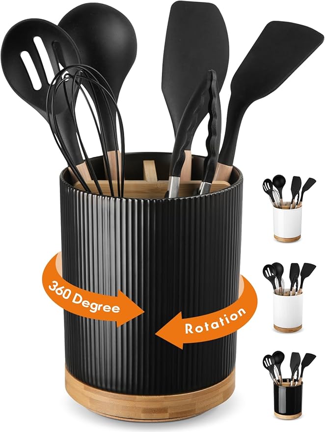 LoeJan 3 Compartment Utensil Holder, Extra Large Utensil Crock, Stable Ceramic Utensil Organizer, Cooking Tool Organizer Set for Kitchen Counter Farmhouse Decor (B-Black(Vertical Stripe)) by LoeJan