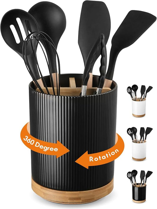 LoeJan 3 Compartment Utensil Holder, Extra Large Utensil Crock, Stable Ceramic Utensil Organizer, Cooking Tool Organizer Set for Kitchen Counter Farmhouse Decor (B-Black(Vertical Stripe)) by LoeJan