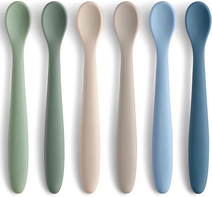 6 Piece Silicone Baby Feeding Spoons, First Stage Infant Soft-Tip Easy on Gums, Training Spoon Self-feeding, Utensils Supplies, Dishwasher & Boil-proof - Blue by NETANY