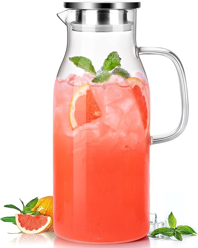 Glass Pitcher with Lid, 2 Liter 68oz Water Pitcher with Handle for Fridge, Large Drink Jug for Iced Tea, Coffee, Juice, Borosilicate Glass Carafe for Hot/Cold Brew Beverage, Heat Resistant by Potdoctor