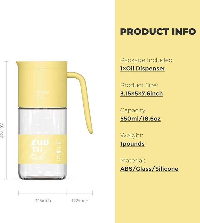 Zuutii Olive Oil Dispenser Bottle 18.6oz – Auto Flip Glass Vinegar Bottle with No-Drip Spout for Kitchen Cooking, Oil and Sauce Dispenser,Yellow - Image 2
