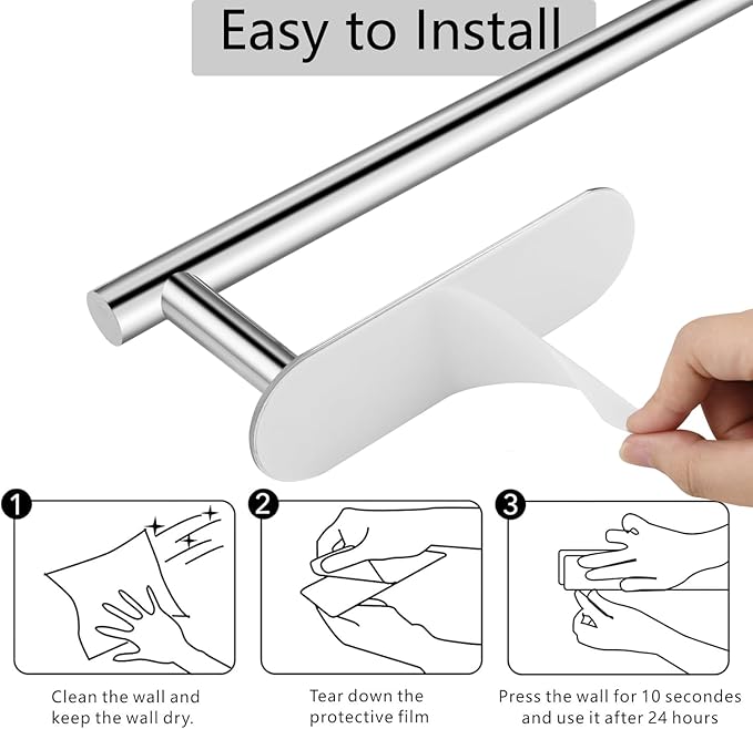 Paper Towel Holder with 2 Hooks-Under Cabinet Paper Towel Holder for Kitchen, Self-Adhesive or Screws, Space Saving Wall Mounted Kitchen Roll Holder, Bathroom, Stainless Steel Chrome