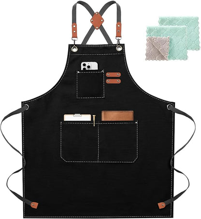 ZOMAO Chef Apron for Women Men with Large Pockets, Cotton Canvas Cross Back Waterproof Work Aprons for Kitchen Cooking Bib
