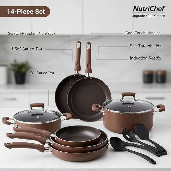 NutriChef 14-Piece Nonstick Brown Cookware Set - Scratch-Resistant Kitchen Pots and Pans with Lids & Utensils, For All Cooktops - NCCW14SBR - Image 5