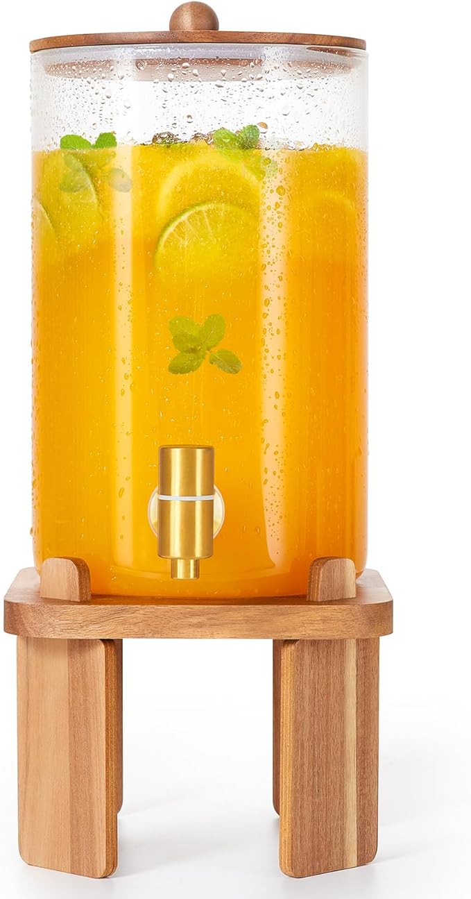 1 Gallon Glass Drink Dispensers: Beverage Dispenser For Parties With Wood Stand, Large Water Drink Dispensers With Stainless Steel Spigot, Ideal for Lemonade,Juice, Tea, and Party Drinks by FavorFlavor