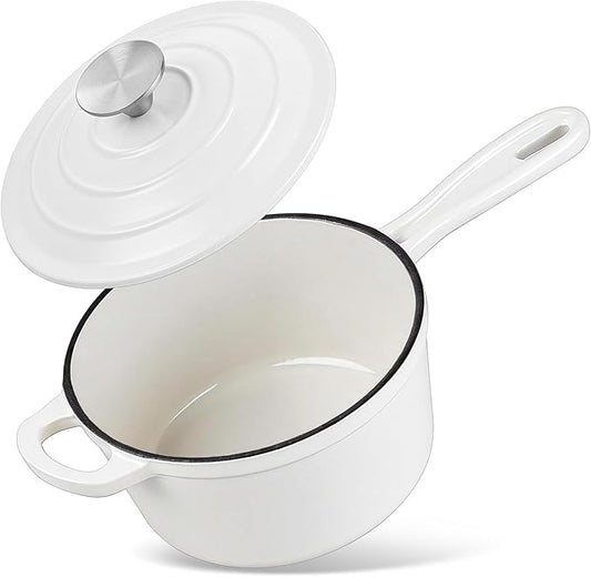 Homikit Small Cast Iron Pot, 2 Quart Enameled Cast Iron Sauce Pan with Lid, Heavy Duty Enamel Dutch Oven Kitchen Cookware for Making Pasta, Boiling Soup, Warming Milk, Nonstick & Oven Safe, White