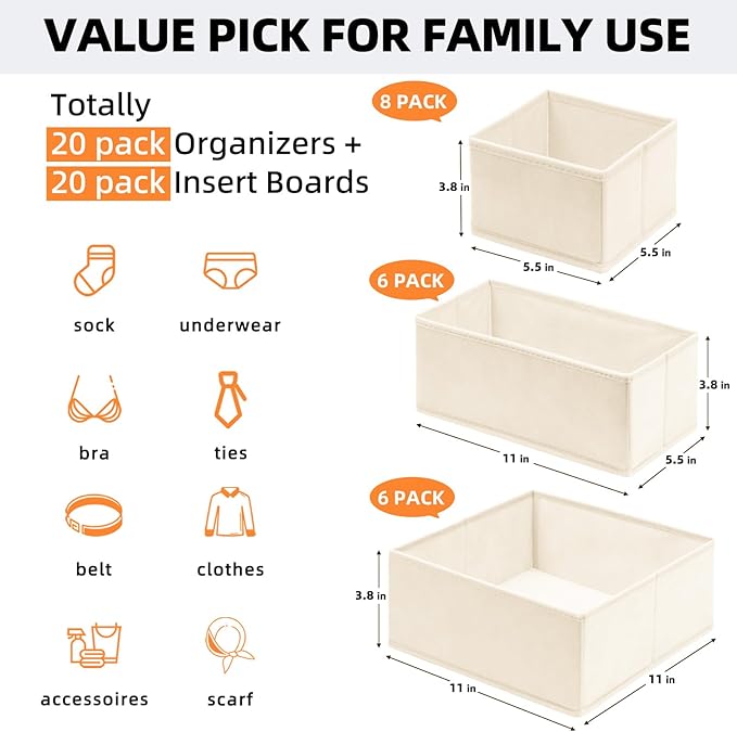 【FAMILY PACK】Drawer Organizer Clothes, 20 Pack Dresser Organizer Bins for Baby Clothes - Underwear Bra Sock Organizer - Fabric Closet Organization and Storage Dividers for Nursery Bedroom Dorm - Image 2