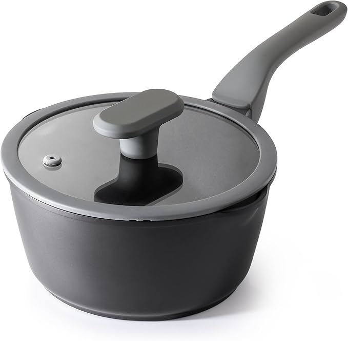 PRICUSIS Nonstick Saucepan with Lid, 2 Quart Non Toxic Pot with Pour Spouts, Full Coated, 100% Dishwasher Safe, Induction Compatible & Oven Safe, PFOS & PFOA Free, Black Sesame by PRICUSIS