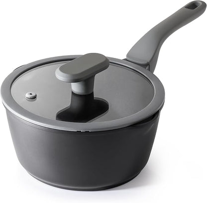 PRICUSIS Nonstick Saucepan with Lid, 2 Quart Non Toxic Pot with Pour Spouts, Full Coated, 100% Dishwasher Safe, Induction Compatible & Oven Safe, PFOS & PFOA Free, Black Sesame by PRICUSIS