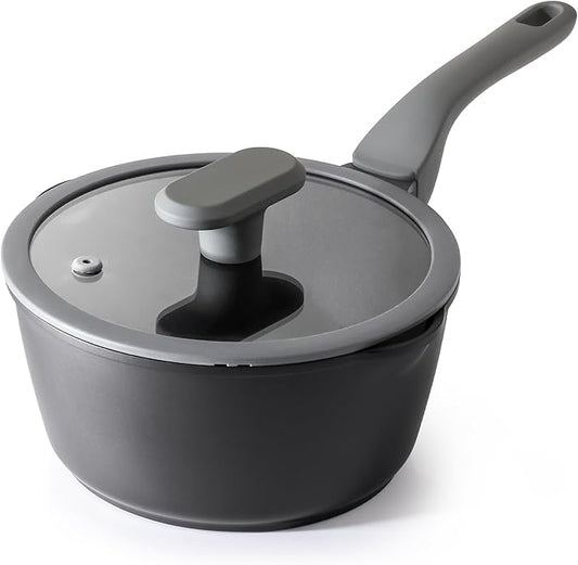 PRICUSIS Nonstick Saucepan with Lid, 2 Quart Non Toxic Pot with Pour Spouts, Full Coated, 100% Dishwasher Safe, Induction Compatible & Oven Safe, PFOS & PFOA Free, Black Sesame by PRICUSIS