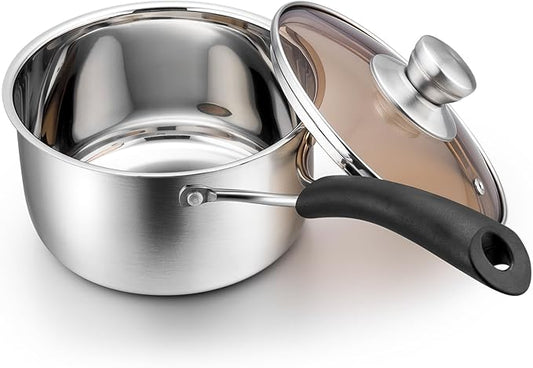 P&P CHEF 2 Quart Saucepan Small Pot, Stainless Steel Saucepan with Lid, Small Sauce Pan for Home Kitchen Restaurant Cooking, Visible Glass lid & Bakelite Heat-Proof Handles,Dishwasher Safe, 1 Pc by PPCHEF