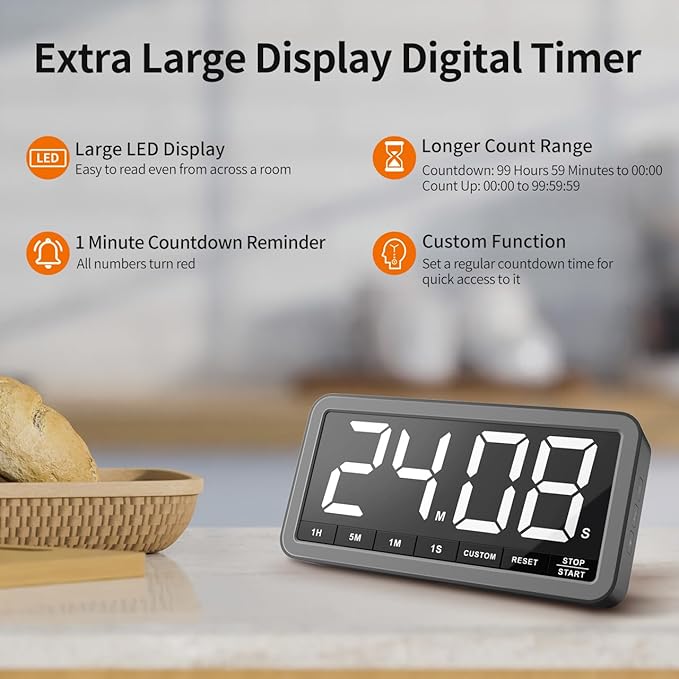 VOCOO Digital Kitchen Timer with 7.8” Extra Large Display, Magnetic LED with 3 Brightness, 4 Alarms and 3 Volume Levels, Battery Powered Countdown Count Up Timer for Cooking, Classroom, Home Gym - Image 2