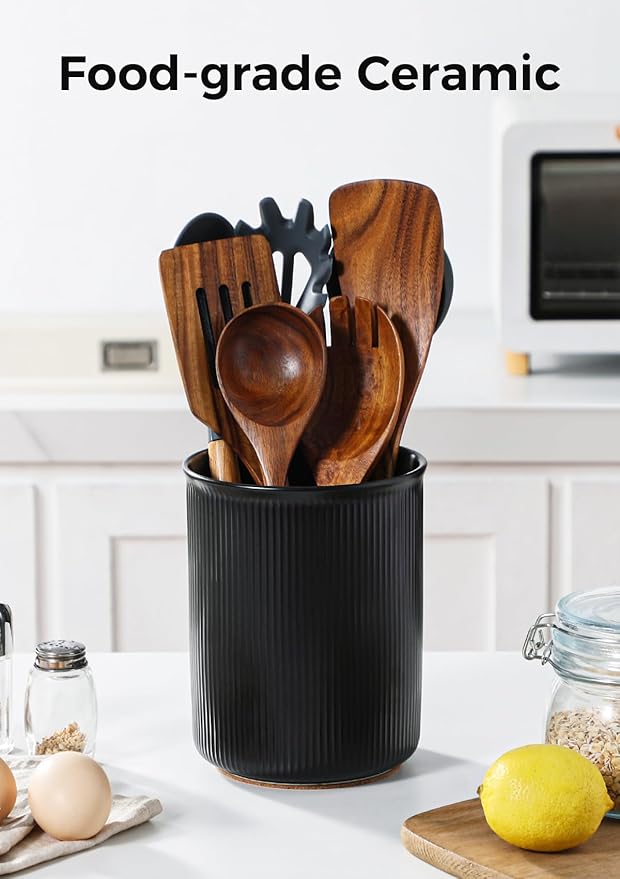 LoeJan Utensil Holder, Extra Large Utensil Crock, Stable Ceramic Utensil Organizer, Cooking Tool Organizer Set for Kitchen Counter Farmhouse Décor, Matte Black - Image 3
