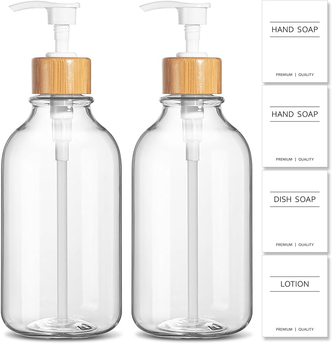 KASUNTING Clear Soap Dispenser, 2 Pack Plastic Dish Soap Dispenser for Kitchen, 17 Fl Oz Bathroom Hand Soap and Lotion Dispensers Set with Bamboo Pump, Refillable Liquid Soap Bottles by ALPIRIRAL