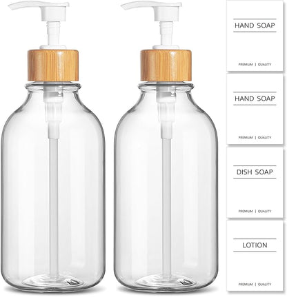KASUNTING Clear Soap Dispenser, 2 Pack Plastic Dish Soap Dispenser for Kitchen, 17 Fl Oz Bathroom Hand Soap and Lotion Dispensers Set with Bamboo Pump, Refillable Liquid Soap Bottles by ALPIRIRAL