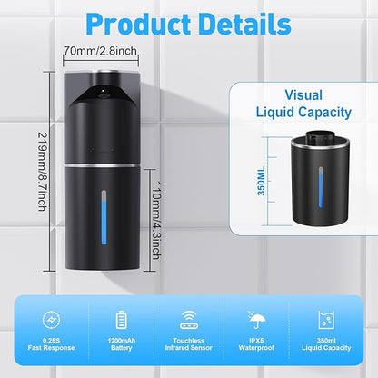 Fantictas Automatic Soap Dispenser,Touchless Hand Wall Mount Rechargeable 3 Gear Adjustable Electric Soap Dispenser 350ml with Infrared Motion Sensor for Bathroom,Kitchen,Office, Black Foam