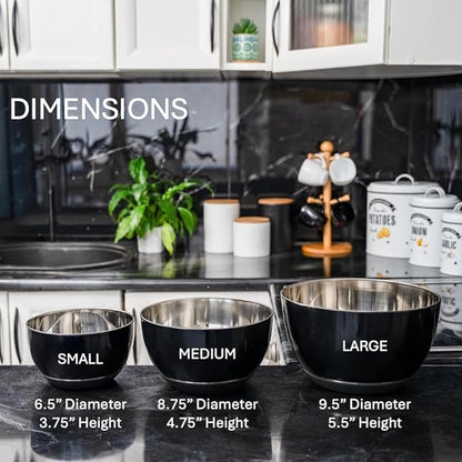 WHYSKO Stainless Steel Mixing Bowls Set of 3 with Non-Slip Silicone Base, Nesting Metal Bowls for Meal Prep, Baking, Cooking & Food Storage, Dishwasher Safe Kitchen Mixing Bowls, Black - Image 8