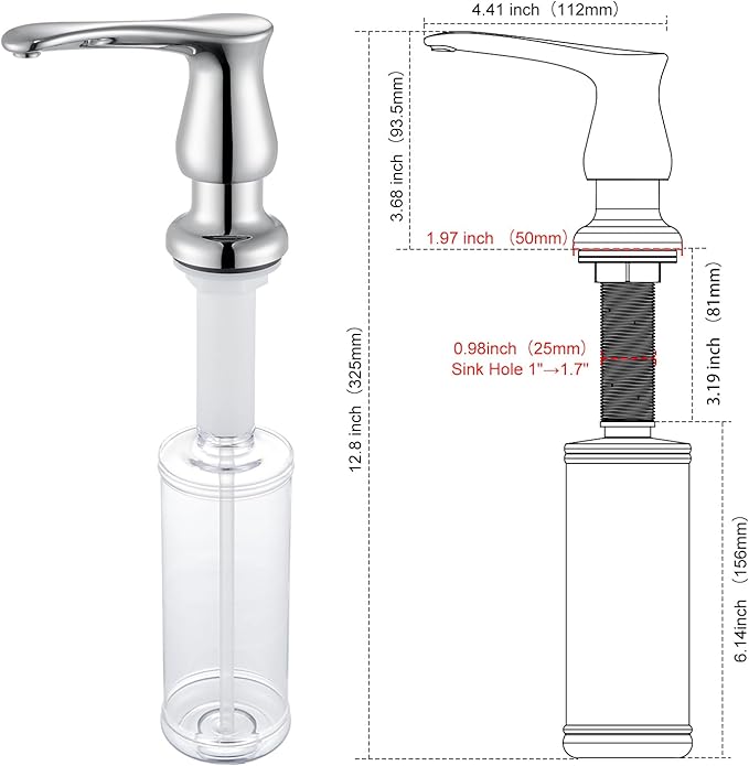 GAGALIFE Kitchen Sink Soap Dispenser Chrome, Built in Soap Dispenser with 13 OZ Bottle, Refill from The Top, Liquid Dispenser for Kitchen Sink - Image 2