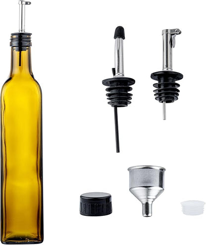 Restaurantware RW Base 16.9 Ounce Olive Oil Dispenser 1 Kitchen Oil Dispenser Bottle - With Stainless Steel Pourer Non-Leaking Amber Glass Olive Oil Pourer For Cooking Or Salad Dressings
