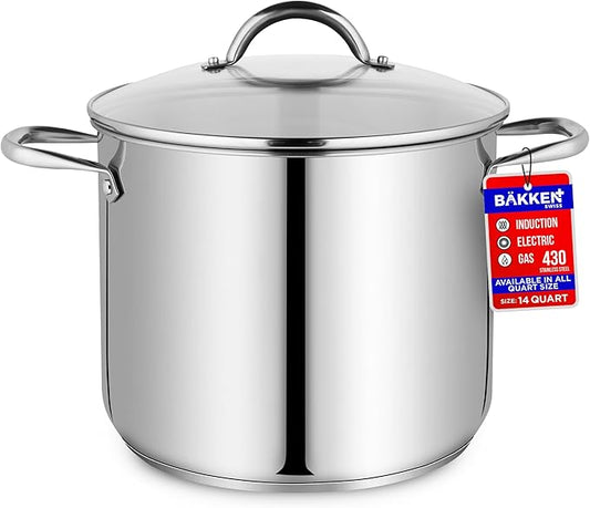 Stainless Steel Stockpot with Tempered Glass Lid 14 Quart, Durable 18/0 Stainless Steel, Impact-Bonded Base for Even Heating, Riveted Handles, Oven & All Stove Compatible, Safe Up To 500°F (260°C) by Unknown