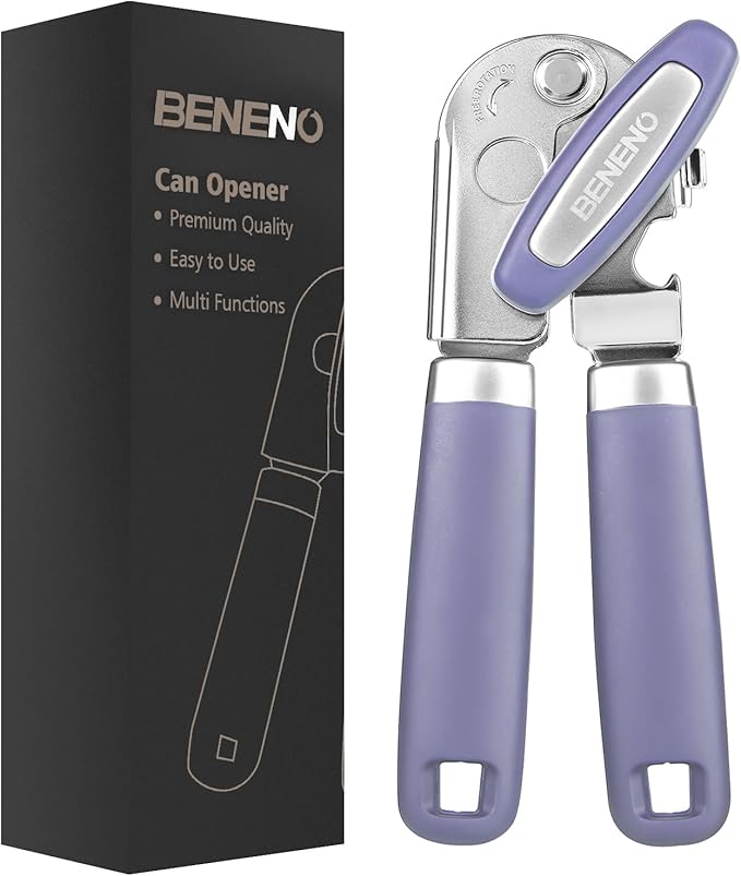 Beneno Heavy Duty Hand Can Opener Manual with Magnet, Durable Sharp Carbon Steel Blade Smooth Cutting, Big Effort-Saving Knob, Soft Grip Handle, Multifunctional Kitchen Tool with Bottle Opener, Purple by Beneno