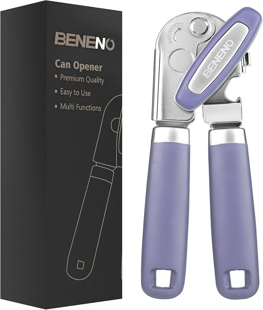 Beneno Heavy Duty Hand Can Opener Manual with Magnet, Durable Sharp Carbon Steel Blade Smooth Cutting, Big Effort-Saving Knob, Soft Grip Handle, Multifunctional Kitchen Tool with Bottle Opener, Purple by Beneno